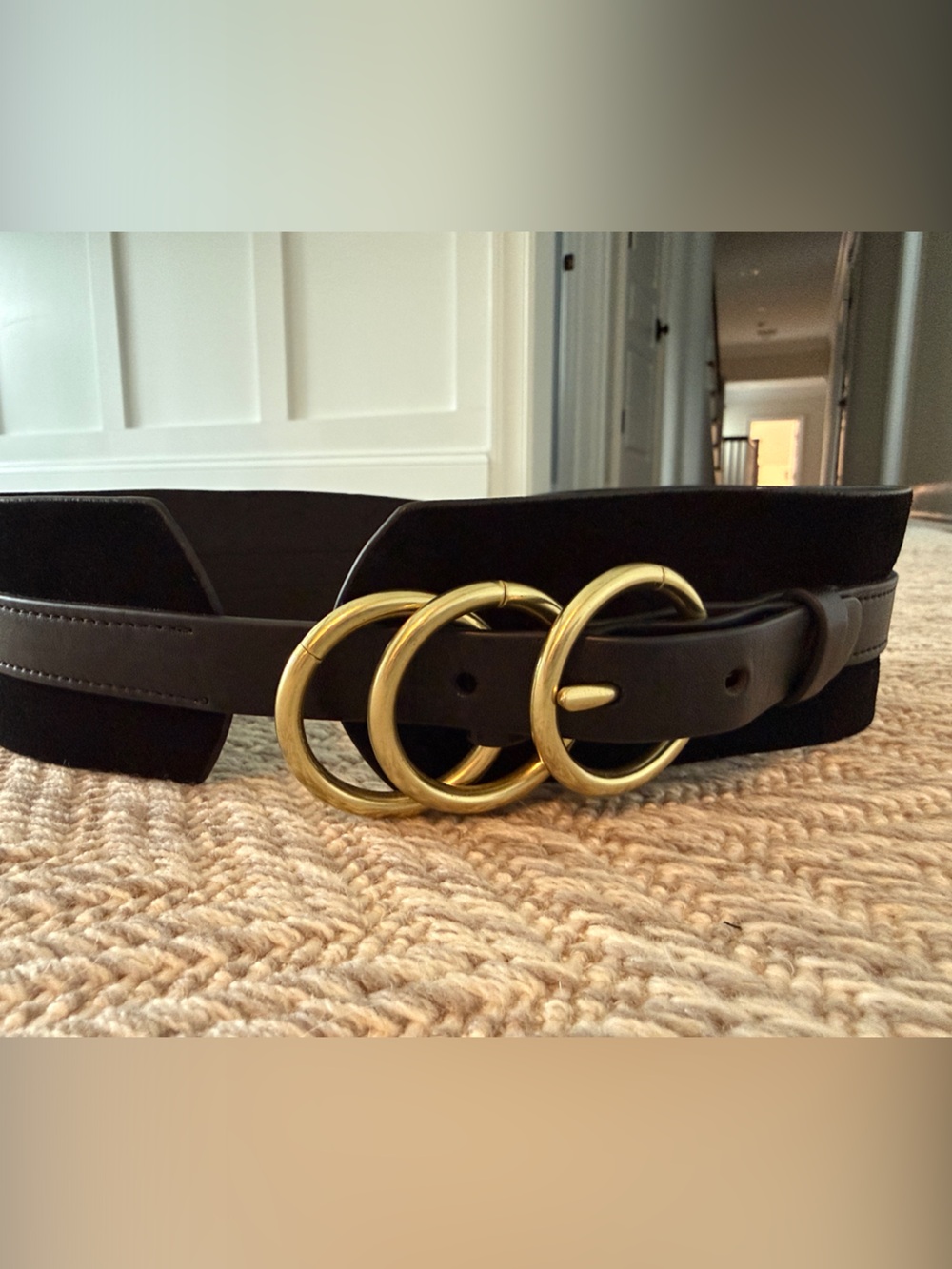 Wide Black Leather & suede Waist Belt with Triple Gold Rings